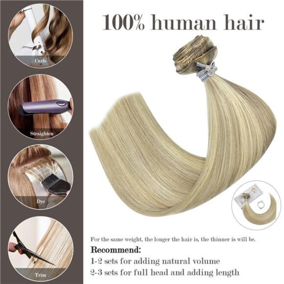 Clip In Real Human Hair Extensions 22 Inch 70g 7pcs Mixed Bleach Blonde - Picture 2 of 7
